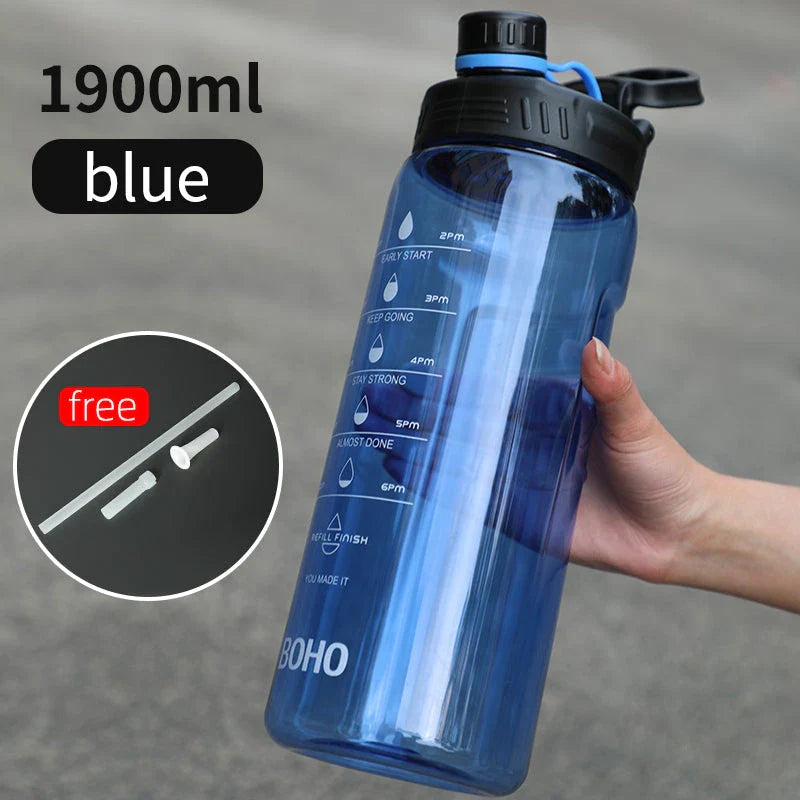 A large 2-liter water bottle with a straw, designed for active lifestyles and everyday hydration needs.