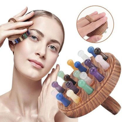 Relaxing Scalp Massage Comb made with Pink Quartz and Green Aventurine stones in a wood grain design