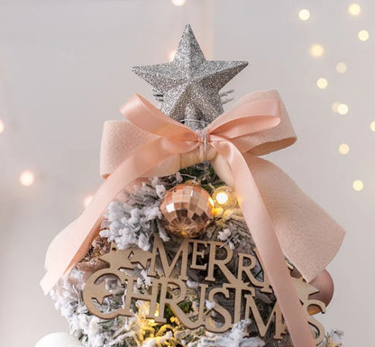 Festive Illuminated Snow-Blowing Christmas Tree Desk Decor with Pink Snow Spray and Warm LED Lighting