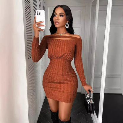 Alluring long sleeve midi dress in a solid brown color, featuring a sleek silhouette and nine-quarter sleeve length for sophisticated style.
