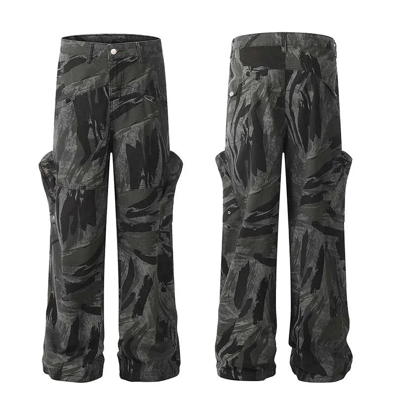 Graffiti camouflage print straight-leg jeans with a high-waist design for a flattering, comfortable fit