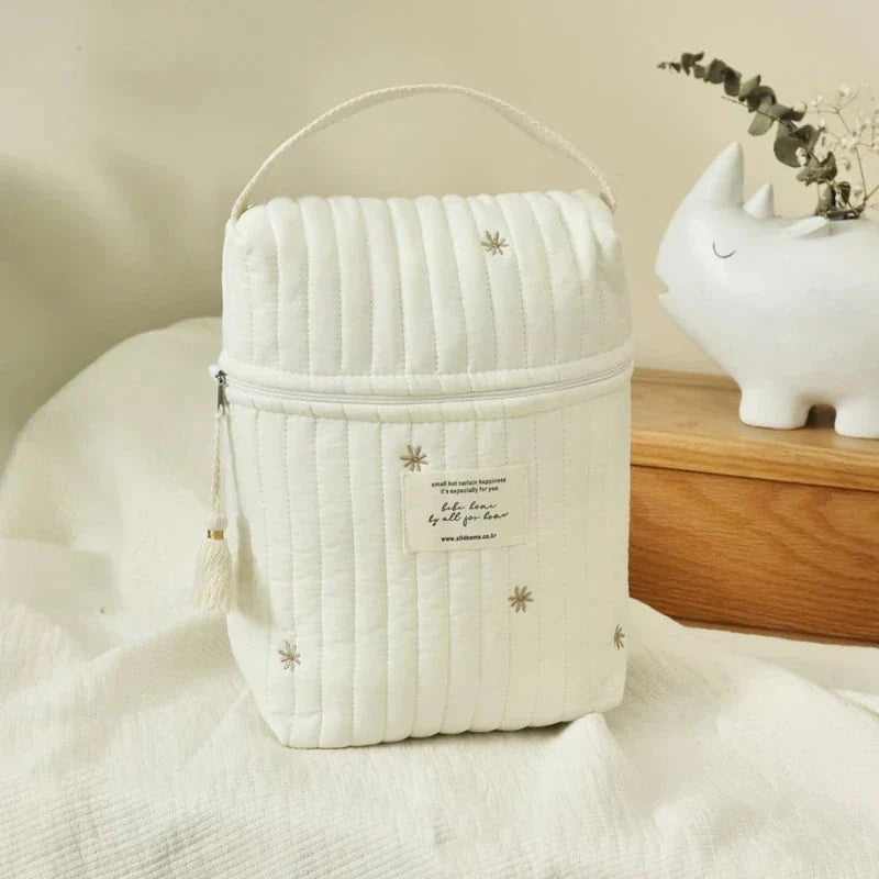 Floral embroidered mommy bag with multiple compartments and secure zipper closure for organized storage