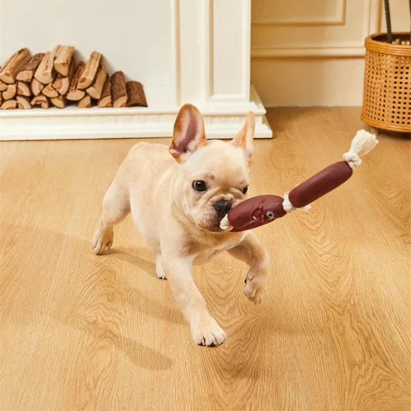 Durable cotton rope and vinyl sausage chew toy for dogs, designed to provide long-lasting entertainment and promote dental health.