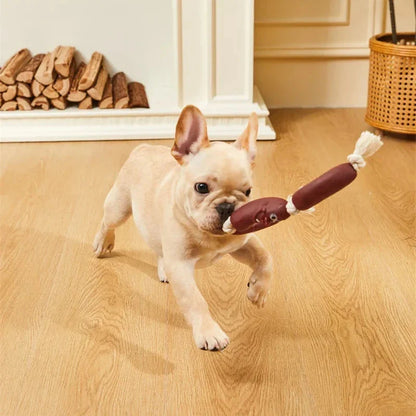 Durable cotton rope and vinyl sausage chew toy for dogs, designed to provide long-lasting entertainment and promote dental health.