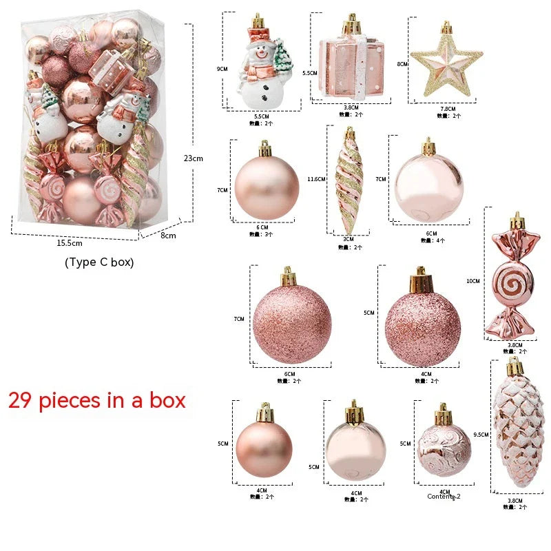 Rose gold Christmas ornaments in a gift box, including gourds and candy canes, for elegant holiday decor