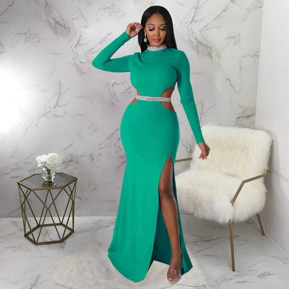 Stylish and flattering waist-accentuating split dress in solid colors, made from premium polyester fabric for comfort and versatility.