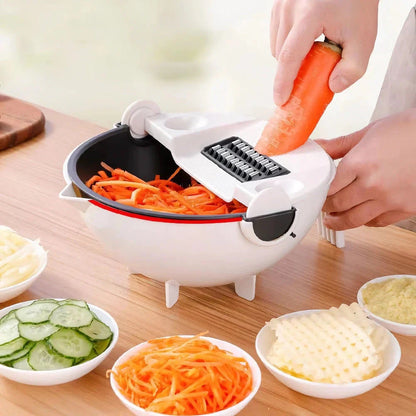 Multifunctional 2-in-1 Vegetable Slicer and Fruit Strainer with slicing disc, grater, and spiralizing accessories