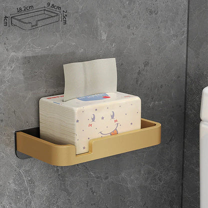 Black and gold aluminum bathroom paper holder with a convenient phone shelf, a stylish and functional accessory for modern bathrooms.