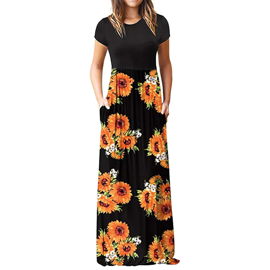 Stylish Bohemian dress with a vibrant collage-inspired print and milk silk fabric
