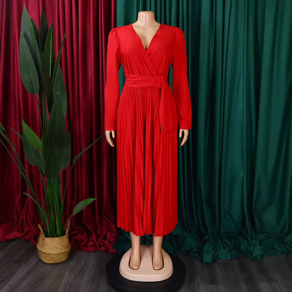 Luxurious long sleeve pleated Africa dress with lace-up neckline, available in multiple colors and sizes