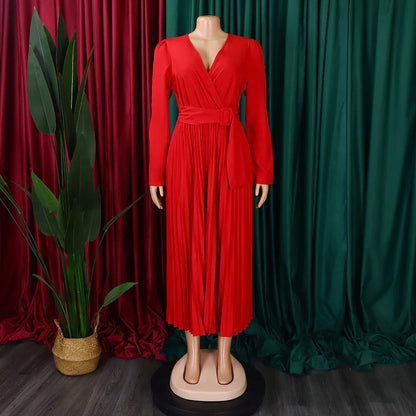 Luxurious long sleeve pleated Africa dress with lace-up neckline, available in multiple colors and sizes