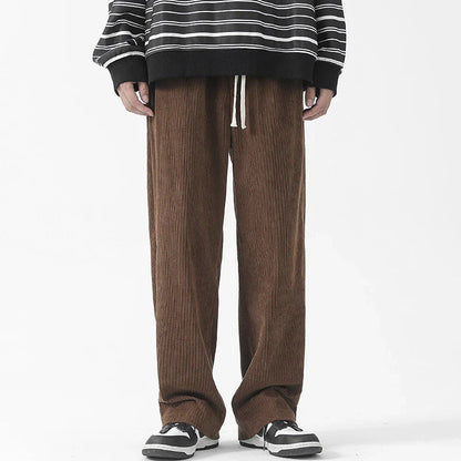 Fleece-lined corduroy pants in various colors, featuring a relaxed, straight-leg fit for all-day comfort and warmth.