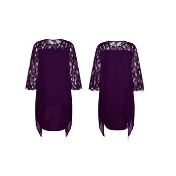 Stylish chiffon dress with lace splicing, irregular hemline, and seven-minute sleeves in black, purple, and dark green colors