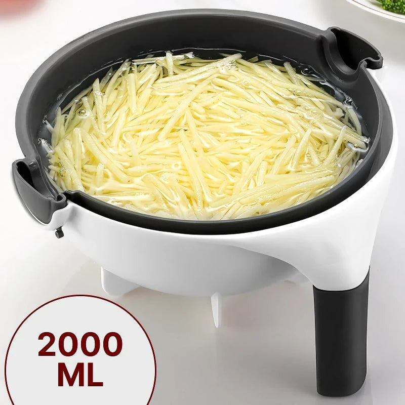 Multifunctional 2-in-1 Vegetable Slicer and Fruit Strainer with slicing disc, grater, and spiralizing accessories