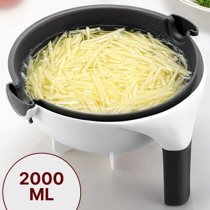 Multifunctional 2-in-1 Vegetable Slicer and Fruit Strainer with slicing disc, grater, and spiralizing accessories