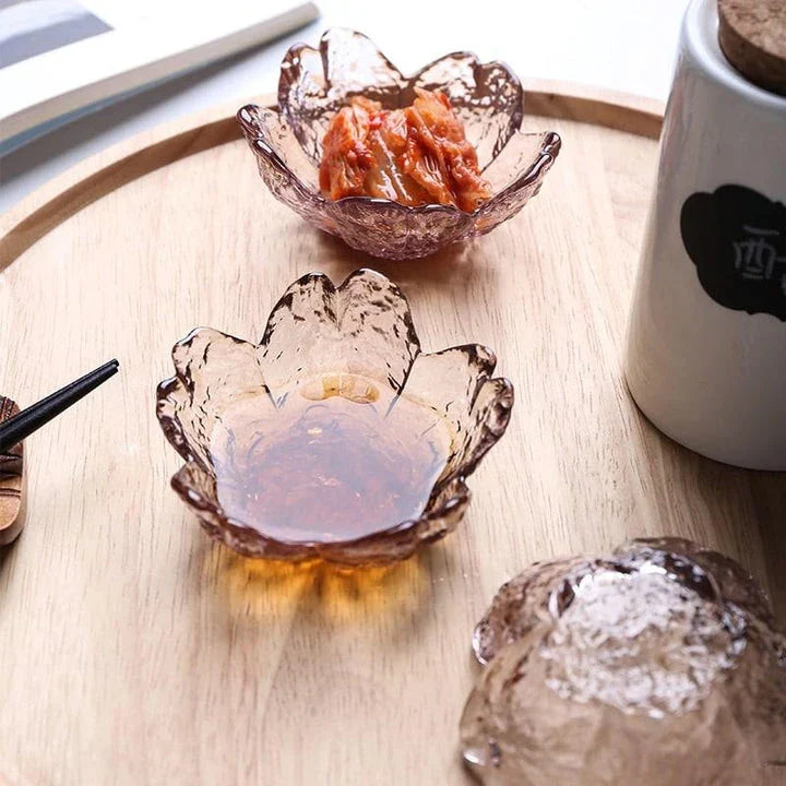Handcrafted flower-shaped glass salad bowl in vibrant pink color, perfect for serving fresh greens, fruits, and more.