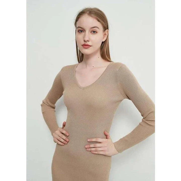 Elegant knitted midi dress in beige, black, and brown colors with lace-up details for modern sophistication