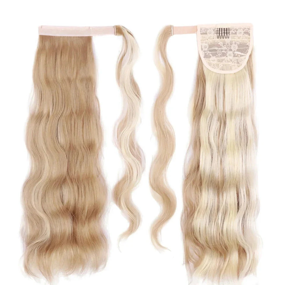 Glamorous blonde wavy clip-in ponytail for a Hollywood-inspired hairstyle