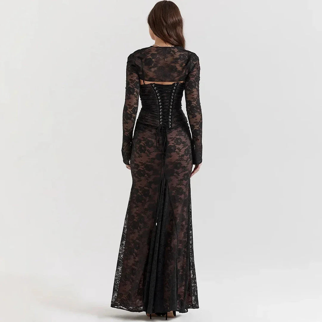 Elegant ivory lace 2-piece evening dress set with tie-up back and ankle-length silhouette