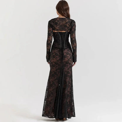 Elegant ivory lace 2-piece evening dress set with tie-up back and ankle-length silhouette