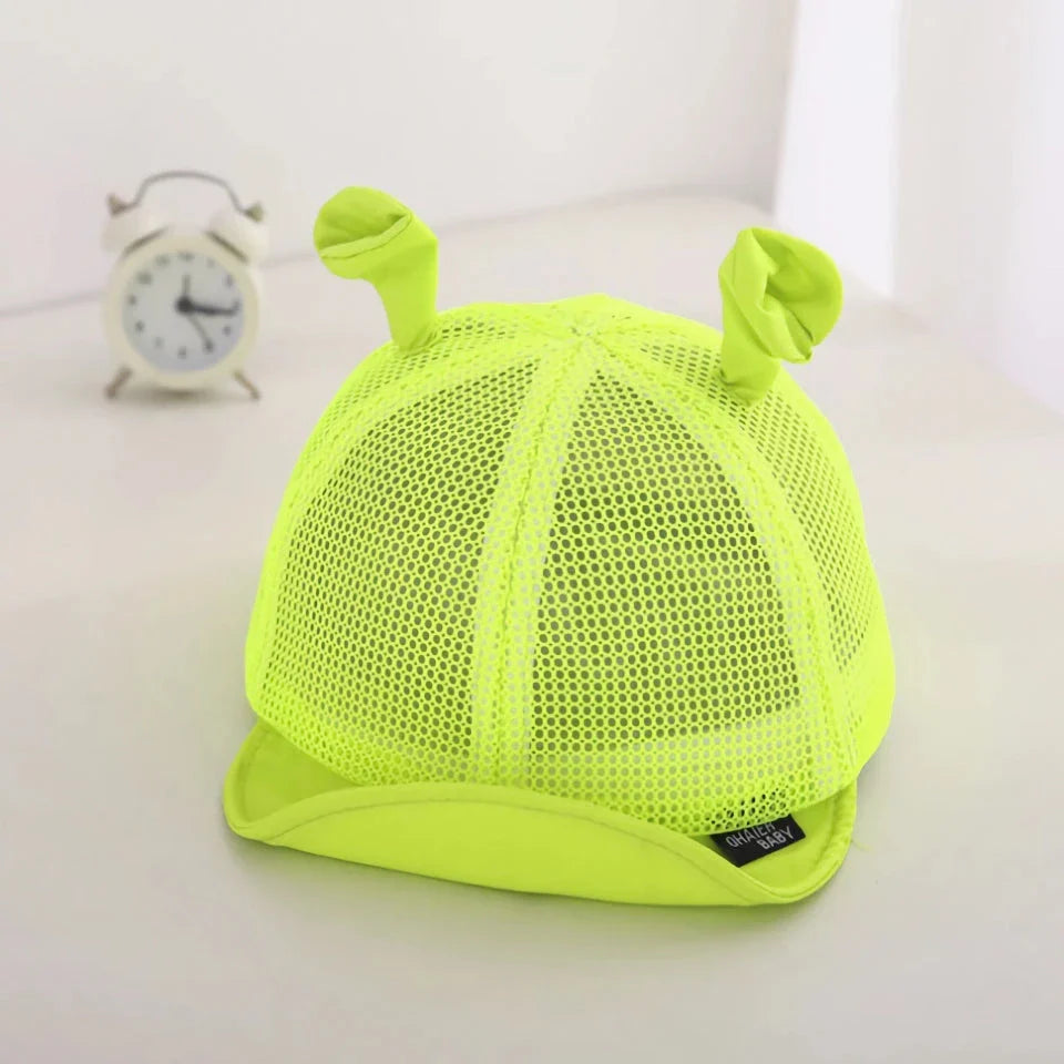 Green Cartoon Baby Sun Hat with Adorable Ear Design, Offering Soft, Breathable Comfort and Adjustable Fit for Babies 0-24 Months
