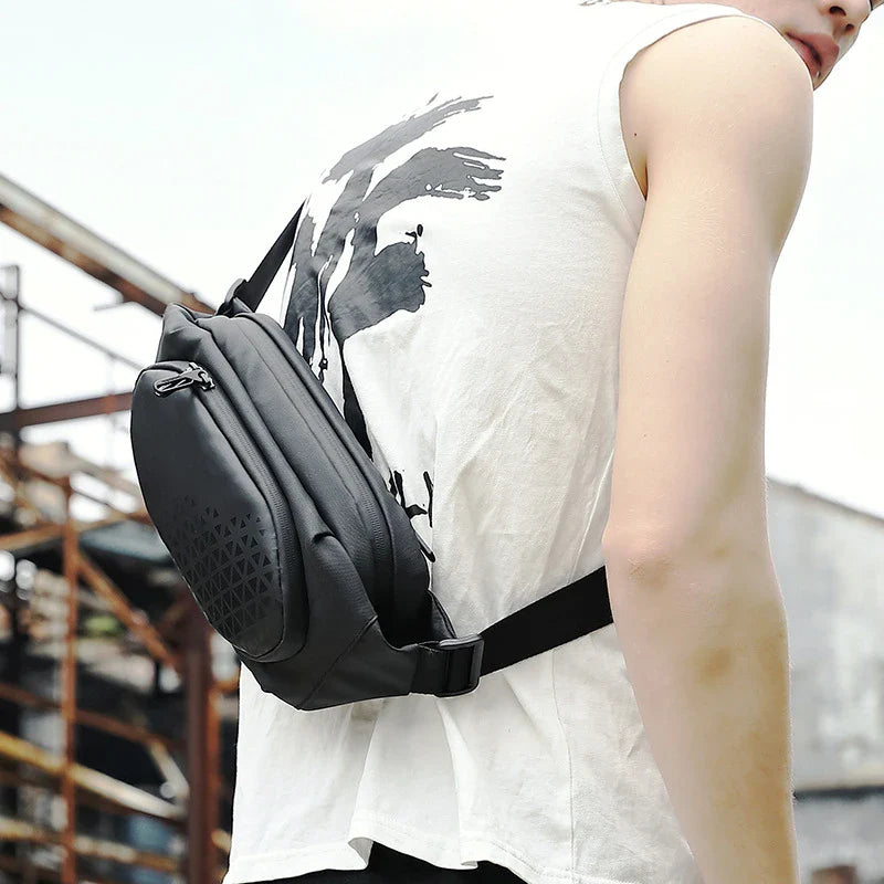 Trendha Mini Casual Sports Shoulder Bag in Black, featuring a compact yet roomy design, durable Oxford cloth construction, and waterproof protection.