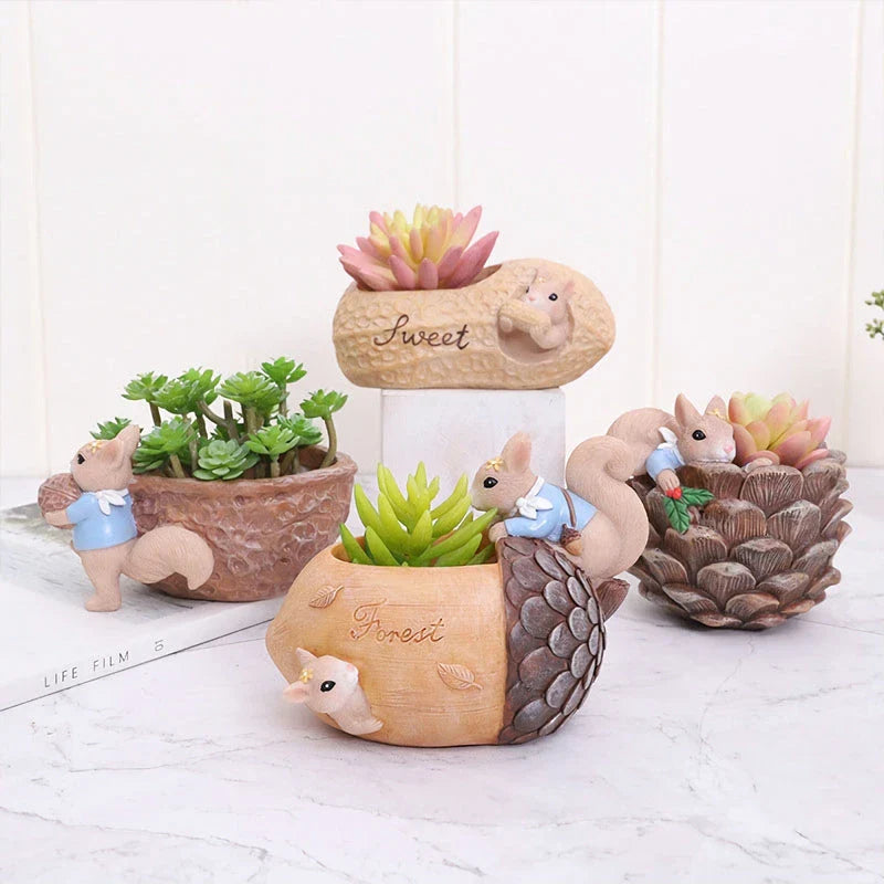 Cartoon squirrel-shaped succulent planter with drainage hole for healthy plant growth