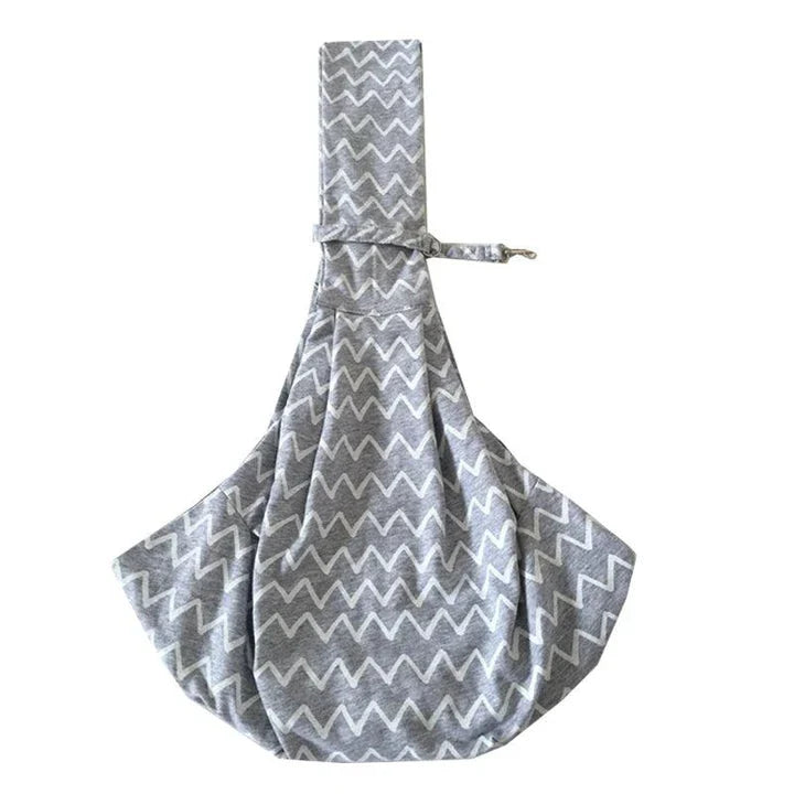 Adjustable gray striped cotton pet sling carrier bag for pets up to 13 lbs