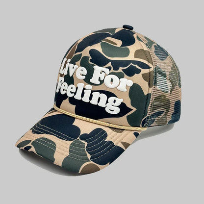 Camo curved brim hat with embroidered 'Live For Feeling' slogan, adjustable size for all-day comfort and style