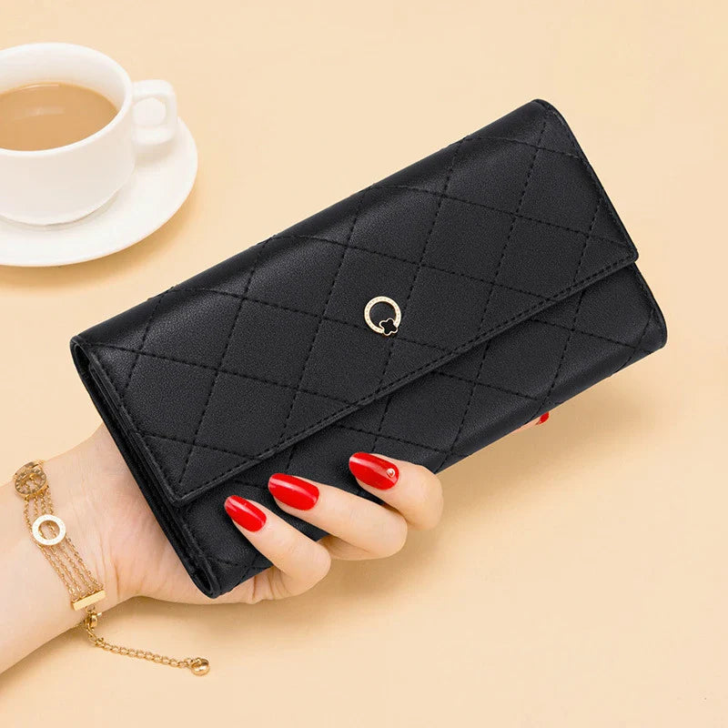 Premium cowhide long wallet with multi-card pockets, zipper compartment, and European-inspired design
