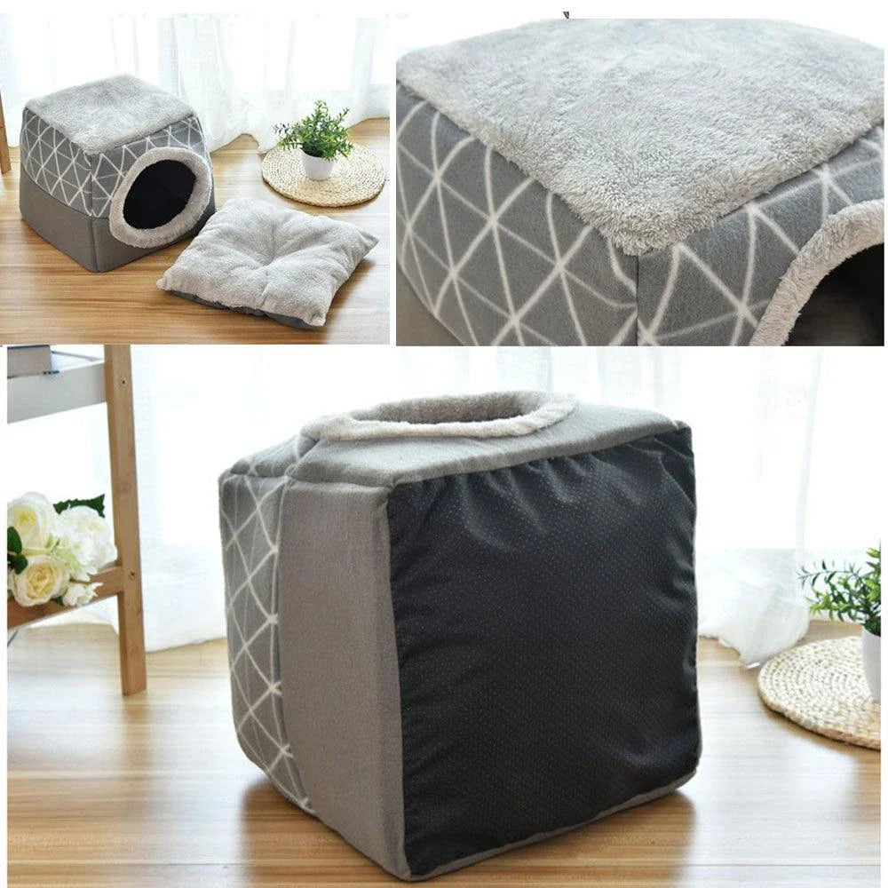 Collapsible cat house and bed made of soft, cozy fleece material in a compact, space-saving design
