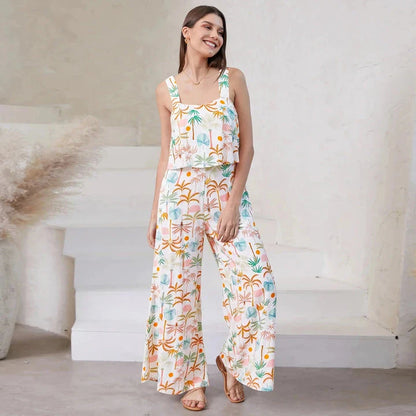 A stylish wide-leg jumpsuit with a paisley print design and a suspender top, perfect for women's casual and streetwear fashion.