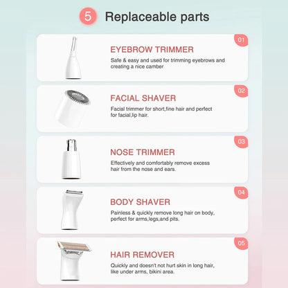 5-in-1 Electric Shaver and Hair Removal Kit for Women with Detachable Heads, USB Rechargeable, and Compact Design