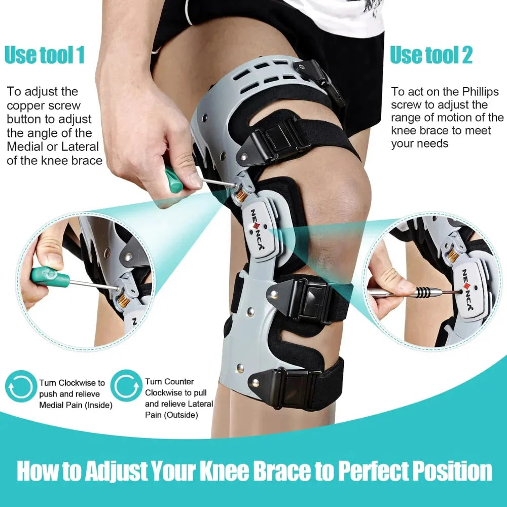 Adjustable knee brace with hinged stabilizer for enhanced recovery, featuring durable aluminum, breathable fabric, and customizable range of motion.