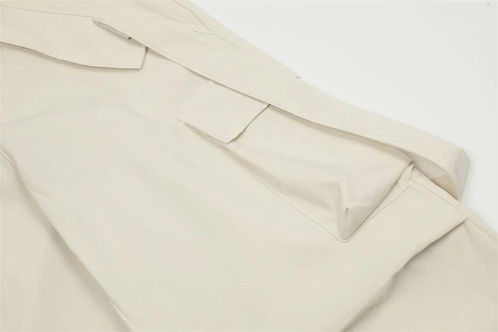 Premium pleated overalls for men with ribbon pockets, available in black and apricot colors, sizes S-XL