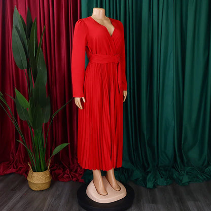 Luxurious long sleeve pleated Africa dress with lace-up neckline, available in multiple colors and sizes