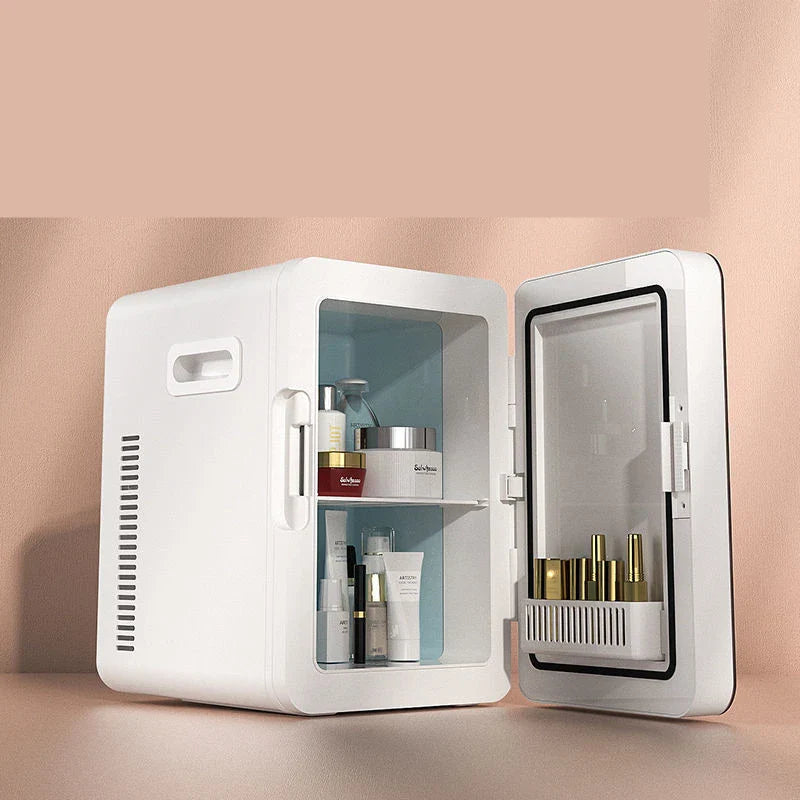 Compact 8L dual-purpose car and home refrigerator in white color, designed for use in bedrooms, dorms, and during travel