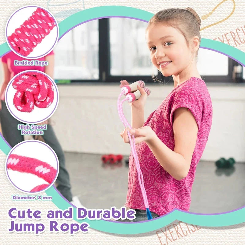 Adjustable Wooden Skipping Rope with Cartoon Characters for Kids in Blue, Green, and Pink Colors