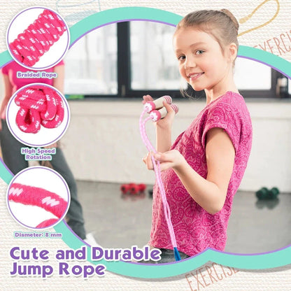 Adjustable Wooden Skipping Rope with Cartoon Characters for Kids in Blue, Green, and Pink Colors