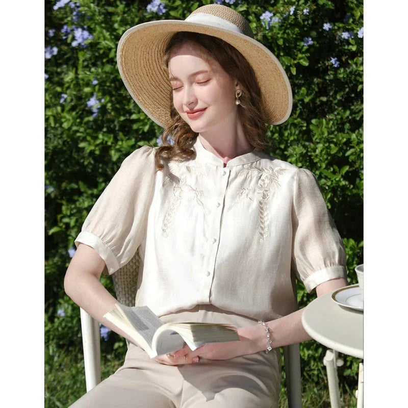 Elegant puff sleeve Chinese-inspired silk blend blouse with sophisticated design
