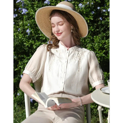 Elegant puff sleeve Chinese-inspired silk blend blouse with sophisticated design