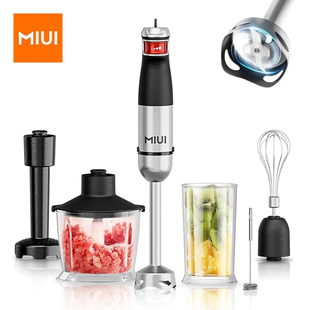 MIUI 6-in-1 Multi-Purpose Electric Hand Held Blender with 1200W pure copper motor, one-handed operation, and versatile 6-in-1 design