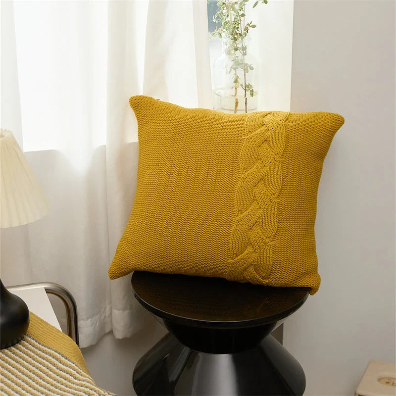 Cozy Nordic-inspired knit pillow cover with large twist design in multiple colors for stylish home decor