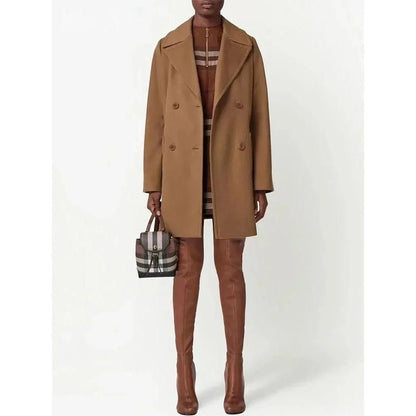 A stylish, mid-length double-breasted overcoat in a rich brown color, designed with a turn-down collar and practical patch pockets for a polished, versatile look.