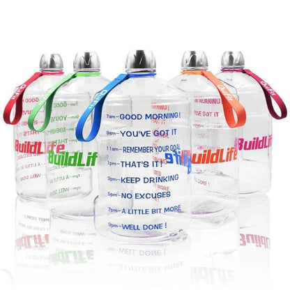Durable gallon-sized water bottle with clear time markings for easy hydration tracking