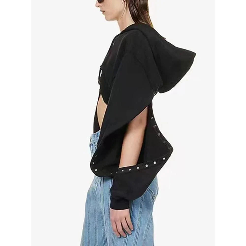 Fashionable hooded sweatshirt for women with open sleeves, asymmetrical decoration, and a relaxed, comfortable fit