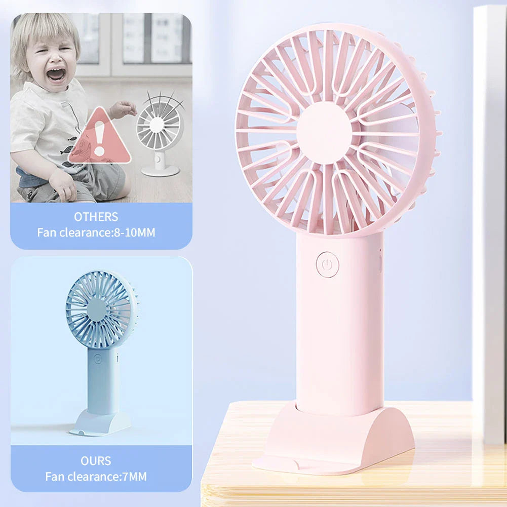 Compact USB Rechargeable Mini Handheld Fan with 3 wind modes, desktop stand, and phone holder for cooling anywhere
