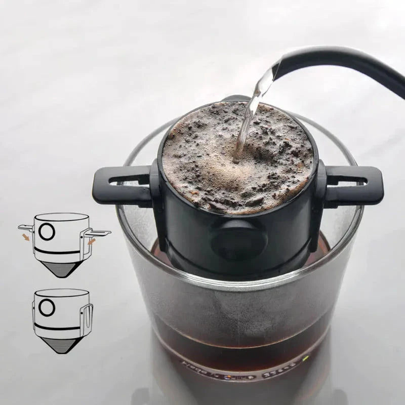 Compact, portable hand drip coffee filter cup for brewing premium coffee on the go
