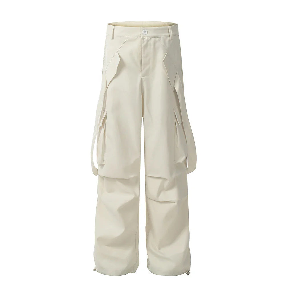 Premium pleated overalls for men with ribbon pockets, available in black and apricot colors, sizes S-XL