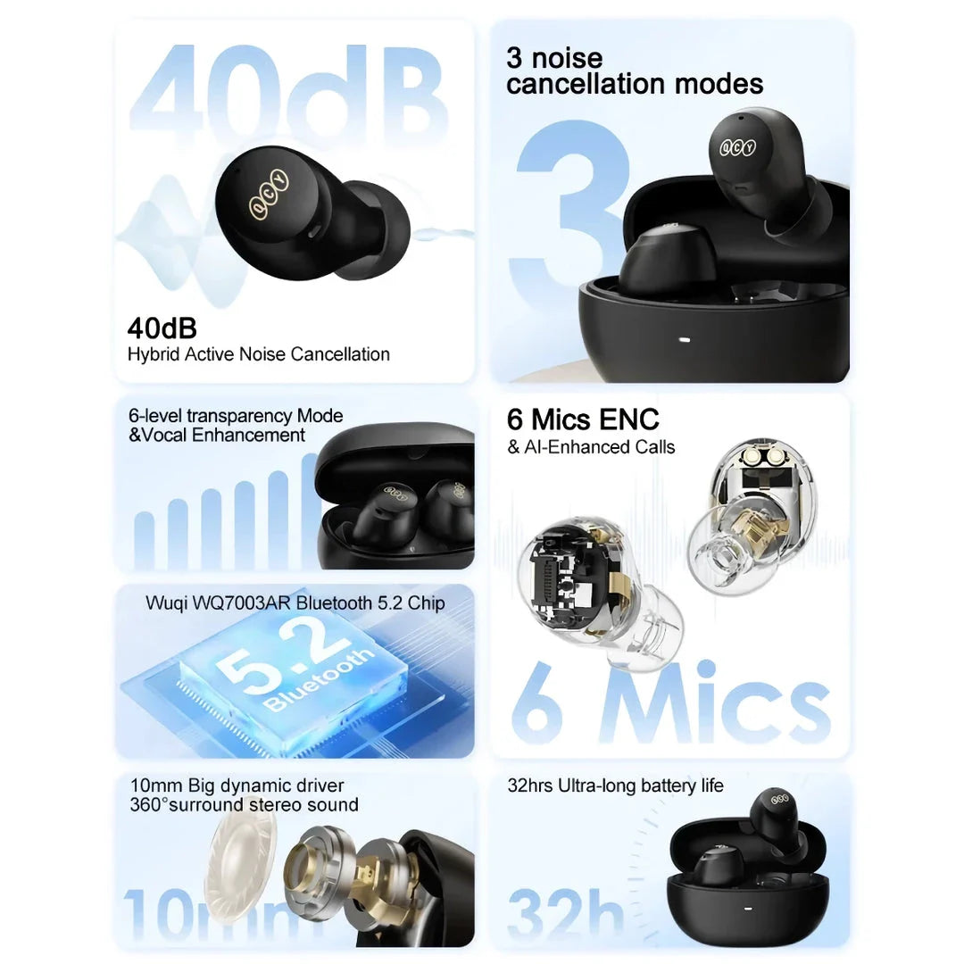 Sleek and comfortable HT07 hybrid noise-cancelling wireless earbuds with advanced features for an immersive audio experience